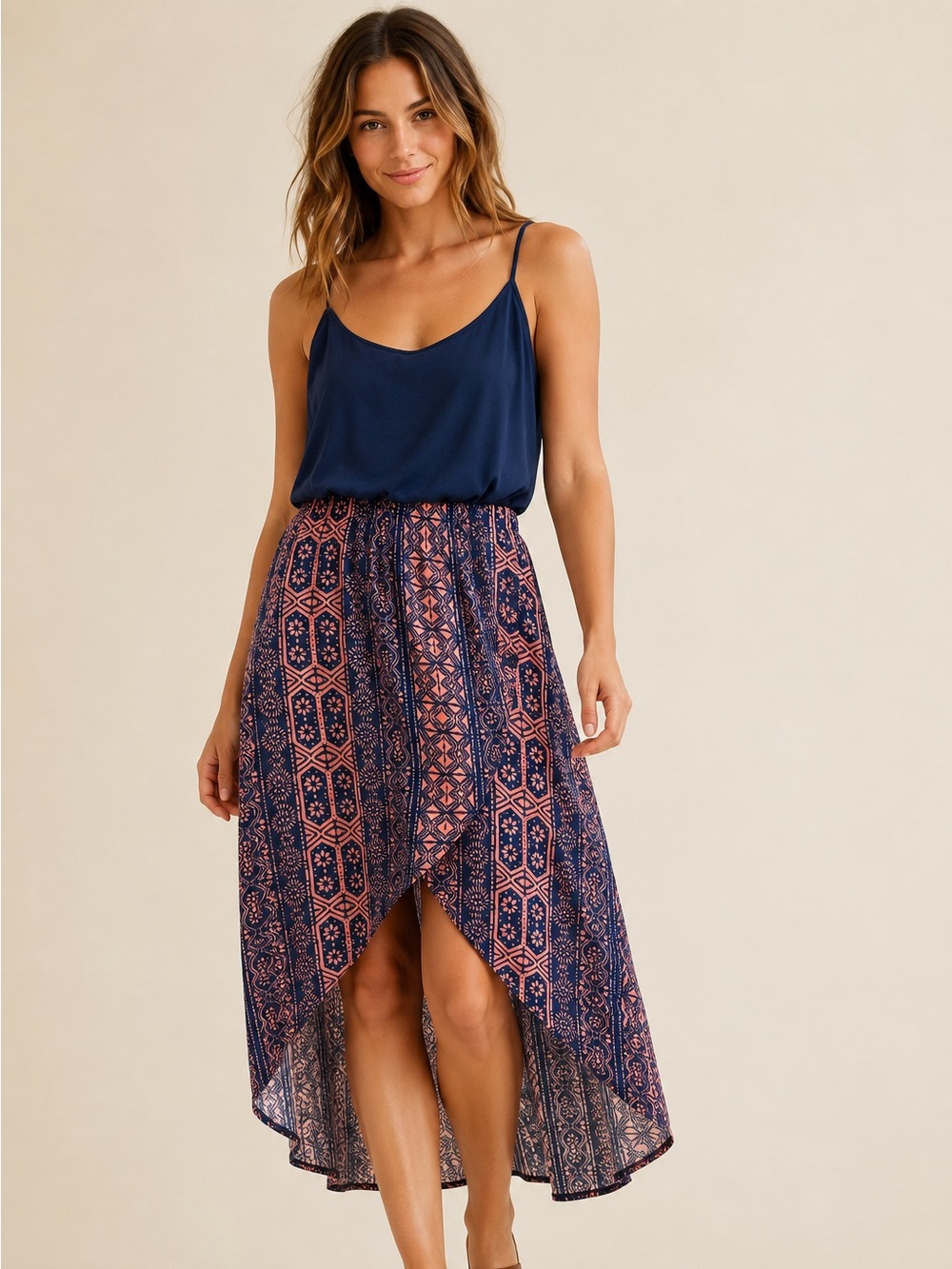 Ultra Flirt Navy & Coral High-Low Printed Maxi Dress